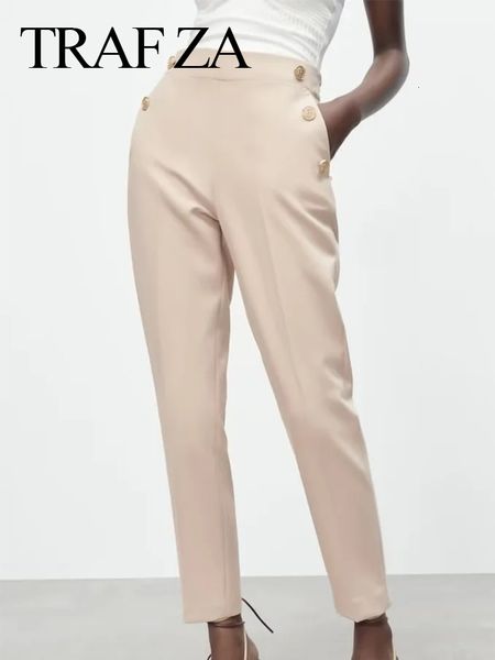 

women's pants capris traf za elegant chic pencil pants solid multicolor elastic side pockets button premium fashion slim fit versatile, Black;white