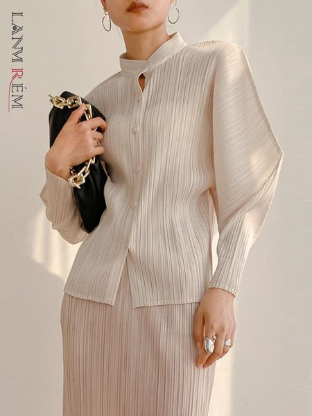 

shirts lanmrem single breasted pleated shirts women stand collar long sleeves thin fabric female chic clothing 2022 autumn 2r4268, White