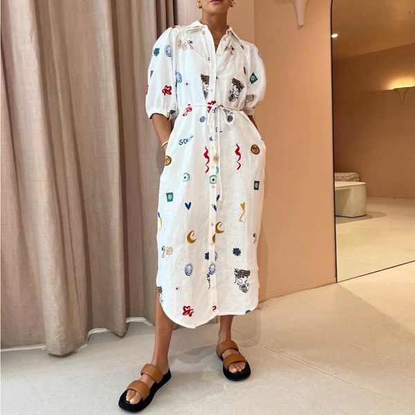 

australian designer graffiti-art pattern embroidered linen dress with belt, Black;gray