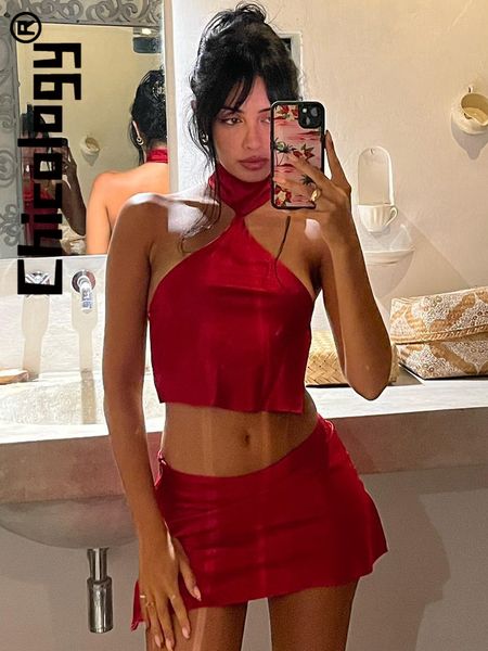 

two piece dress chicology satin halter backless crop 2piece skirt sets summer vacation party club beach 2023 women outfits wholesale 230418, White