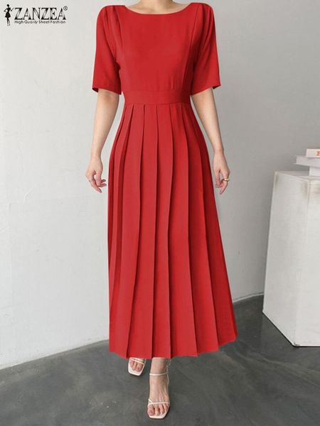 

dresses 2022 zanzea elegant women o neck half sleeve pleated dress summer sundress fashion solid party work midcalf vestido robe femme, Black;gray