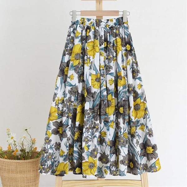 

dresses oumengka summer skirts womens 2021 new vintage floral print cotton elastic high waist casual midi skirt ladies clothes jupe, Black;gray
