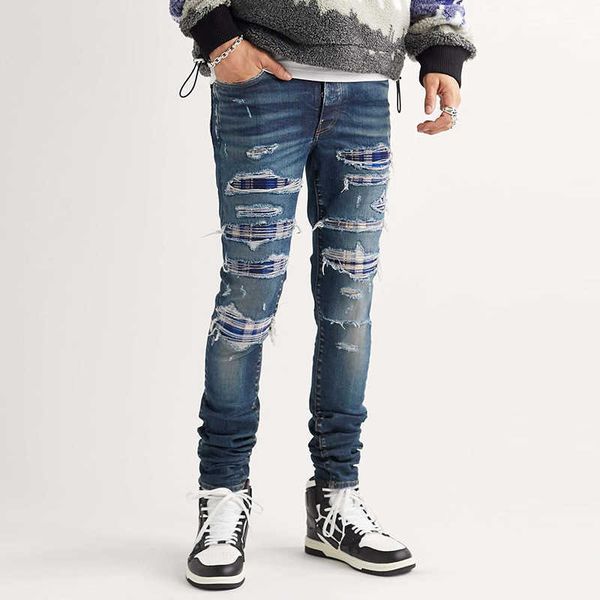 

oem custom skinny fit jean pants distressed blue ripped stretch denim jeans men