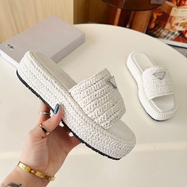 

designer womens platform slippers sandals woven solid color hardware triangle logo heightening shoes flip-flops outdoor beach shoe casual sh, Black