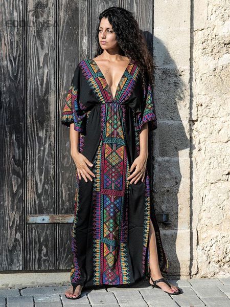 

dresses 2022 summer women tunic beach wear plunging neck v back side split black indie folk embroidery kaftan dress vestidos q645, Black;gray
