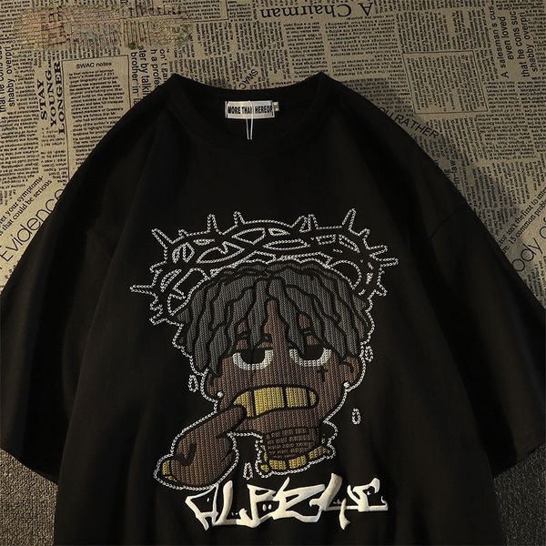 

mens tshirts american style retro hiphop pixel cartoon short sleeved tshirt for men and women ins summer loose high street couple y2k 230418, White;black