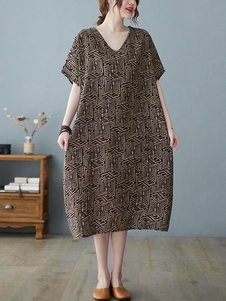 

dresses women summer casual dress new arrival 2022 vintage style vneck print loose comfortable female cotton linen long dresses b1738, Black;gray