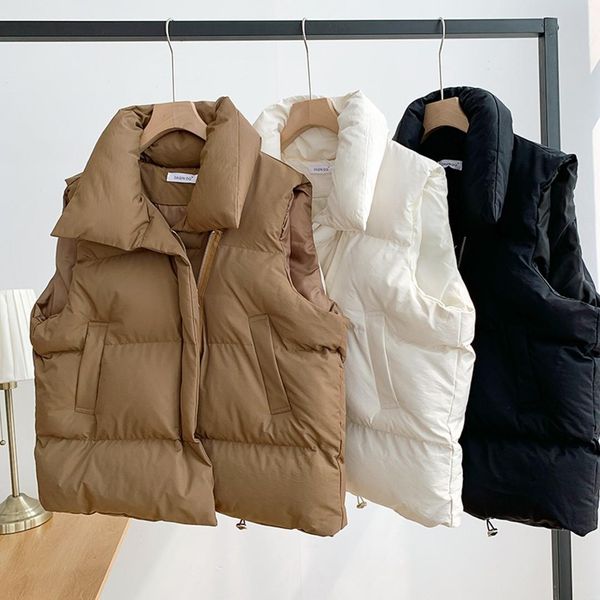 

leather 2022 winter new cotton puffer vest for women warm coat turndown collar zipper sleeveless jacket overcoat loose waistcoat parkas, Black