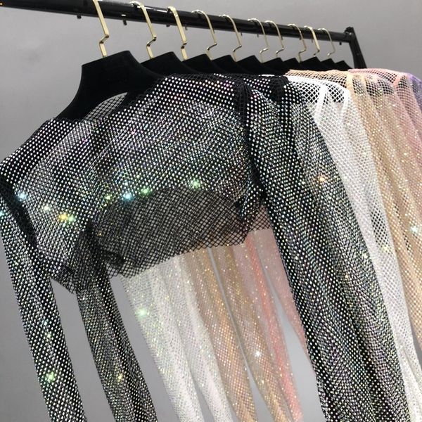 

women's t-shirt summer woman crystal glitter short fishnet y2k shiny diamonds long-sleeve t-shirts shawl party club clothes 230418, White