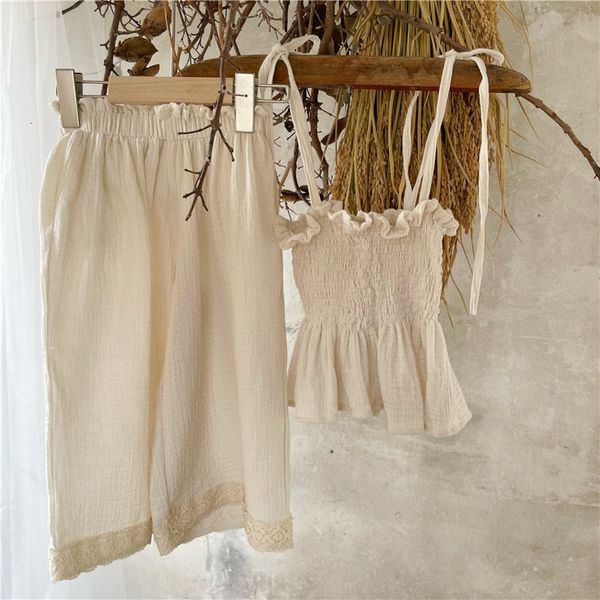 

clothing sets children girls summer kids girl organic cotton tie tank sling smocked lace wide leg pants trousers outfits 230417, White