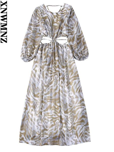 

dresses xnwmnz women summer fashion cutout printed dress women vintage round neck puff sleeves backless midi dresses for women's, Black;gray