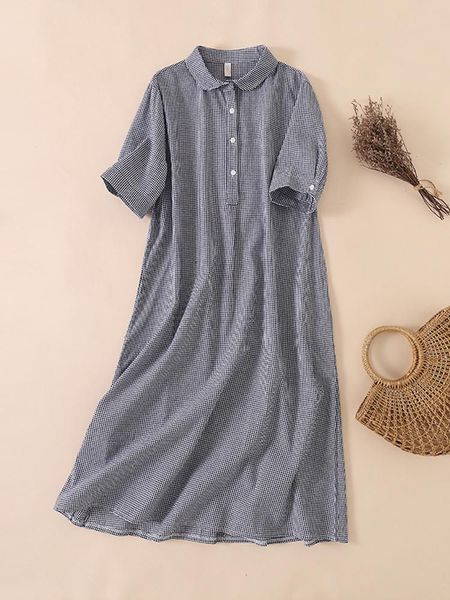 

dresses 2022 new women's plaid dresses vintage short sleeve peter pan collar single breasted shirt dress casual loose daily robe femme, Black;gray