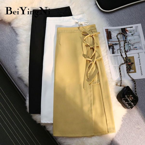 

dresses beiyingni midi skirt for woman solid color bandage split casual high waist summer black skirts ladies fashion aline faldas saia, White;black