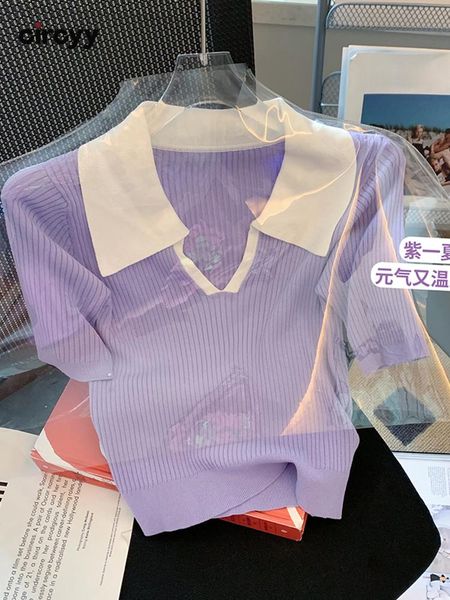 

t-shirt circyy women tshirt french sweet short sleeve summer short knitted turndown collar stretch 2022 chic purple tshirts new, White
