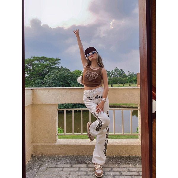 

jeans 2021 new boy friend fried street white casual pants female straight retro jeans embroidery vintage streetwear letter white pants, Blue