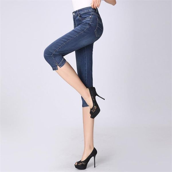 

jeans 2022 women's summer new highwaisted straight stretch calflength jeans full size thin casual pants, Blue