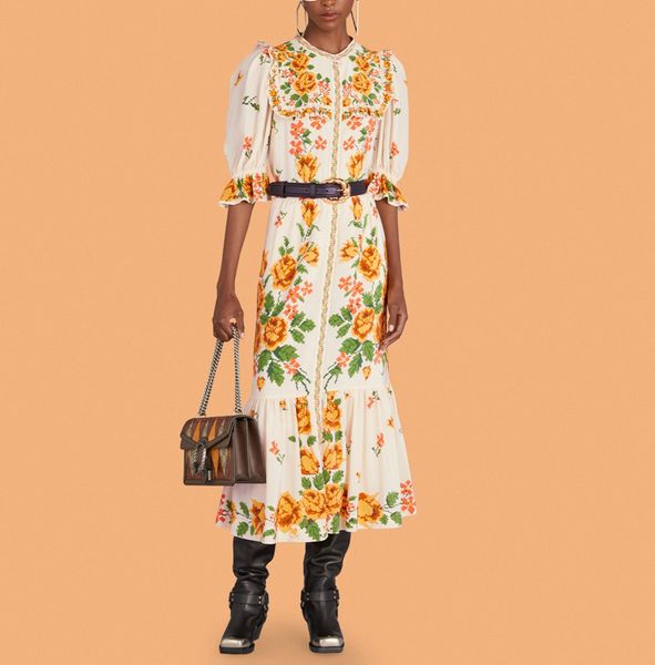 

fanncy dress floral printed crew neck puff sleeve midi dress, Black;gray