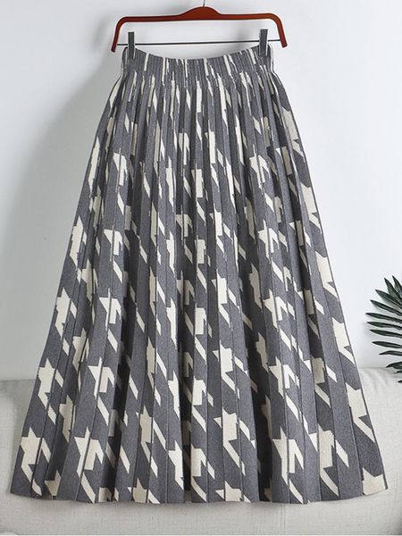 

dresses tigena women knitted midi long skirt 2022 fall winter vintage houndstooth a line high waist pleated midlength skirt female lady, White;black
