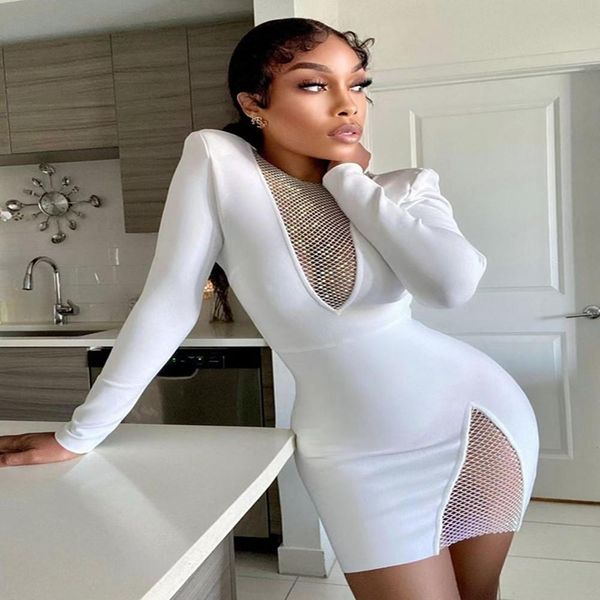 

dresses 2021 new summer new women's vneck mesh diamond long sleeve bodycon bandage dress fashion celebrity party dress vestido, Black;gray