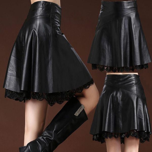 

capris s4xl 2022 spring summer women black lace pu leather skirts casual solid korean elastic pleated y2k goth lolita high waist, Black;white