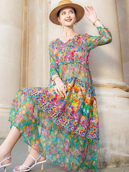

dresses summer 2022 beach boho vintage print silk v neck dress elegant party robe designer vestidos loose midi dresses, Black;gray