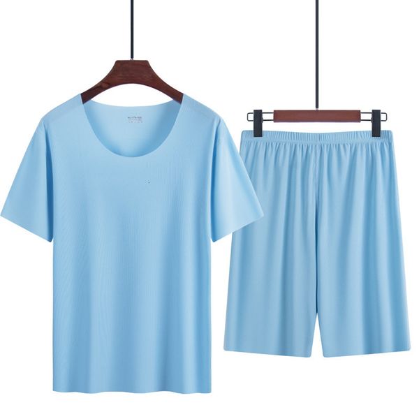 

men's sleepwear summer thin men's pajamas suit home wear seamless short sleeve shorts sleepwear sets for men crew neck casual summ, Black;brown
