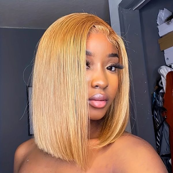 

light brown color #27 13x4 lace frontal bob wigs human hair 160% density transparent lace wig 10a brazilian straight hair, Black;brown