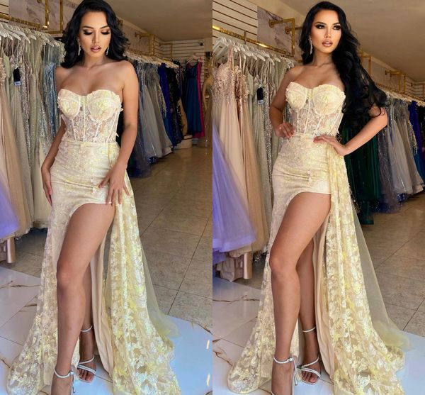 

dubai arabic african yellow mermaid prom dresses long for women black girls sweetheart lace applique high side split formal dress evening pa