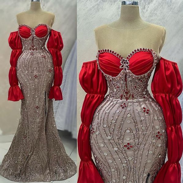 

2023 april aso ebi red mermaid prom dress crystals beaded evening formal party second reception birthday engagement gowns dresses robe de so, Black