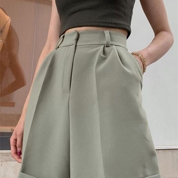 

women's shorts liooil white suit shorts women straight leg mid waist with zipper button pockets ladies summer clothes casual loose shor, White;black