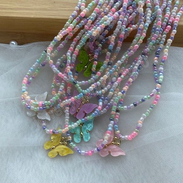 

bohemian multi layer beads colorful ceramic butterfly pendant necklace statement chain choker necklaces women jewelry party gifts, Silver