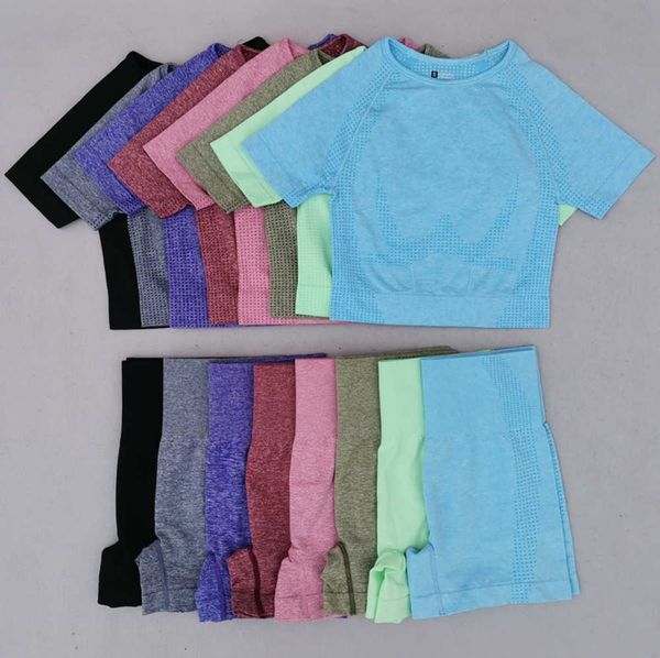 

summer yoga outfits seamless lu sports suit fitness sportswear workout clothes short sleeve crop high waist shorts gym set 2023
