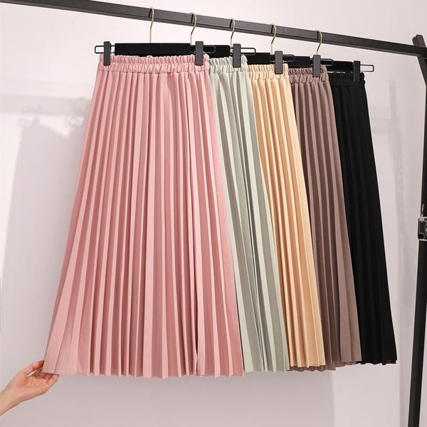 

dresses new 2020 spring pleated skirt women casual solid korean elastic high waist midi skirts womens pink black skirt, White;black