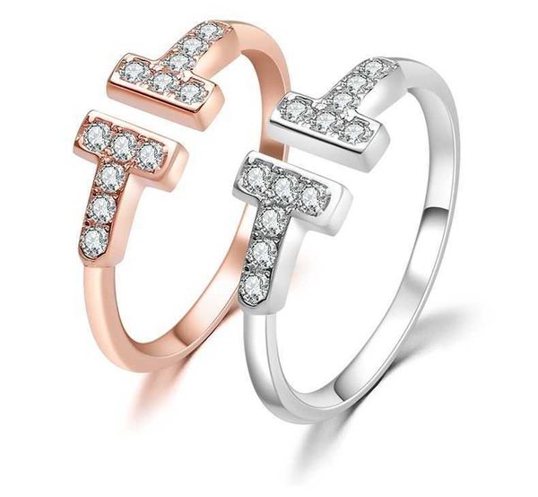 

band rings band rings 18k gold diamond ring double t-shaped open ring rose gold men's and women's diamond ring couple diamond ring, Silver