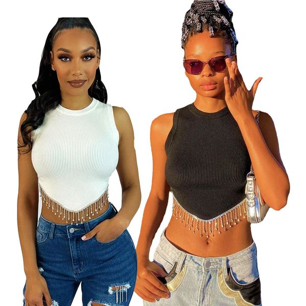

2023 designer solid color o-neck vests women y2k sleeveless chain glossy tassel lower hem crop summer casual sports pullovers wholesale bul, Black;white