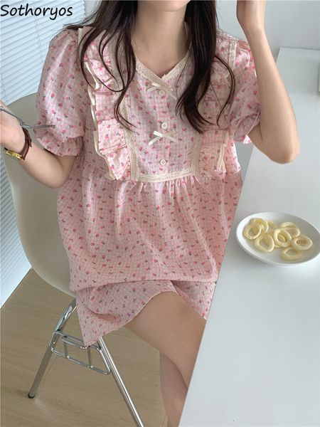 

women's sleepwear pajama sets women sweet print ulzzang summer student sleepwear simple soft vintage lounge arrival nightwear fashion 2, Black;red