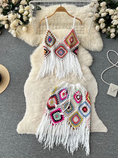 

two piece dress singreiny tassel knitted sets strap camisole vacation hollow out midi skirt beach style fashion summer suits 230418, White