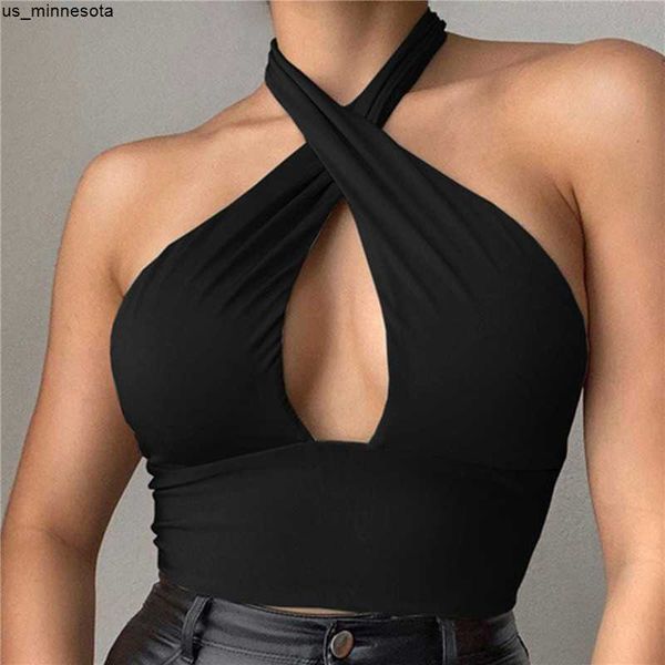 

diy tanks camis women cross v neck halter solid color tank camisole female sleeveless tshirts vest tee ladies slim summer crop j230418, Black