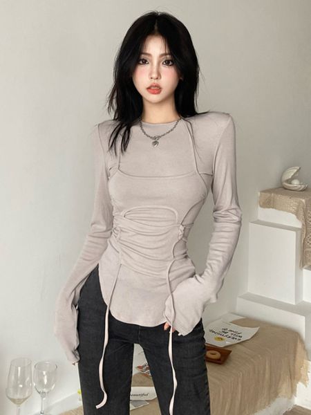 

women's t-shirt y2k aesthetic basic all match t-shirts solid women streetwear bandage slim waist tunic halter long sleeve overlap cami, White