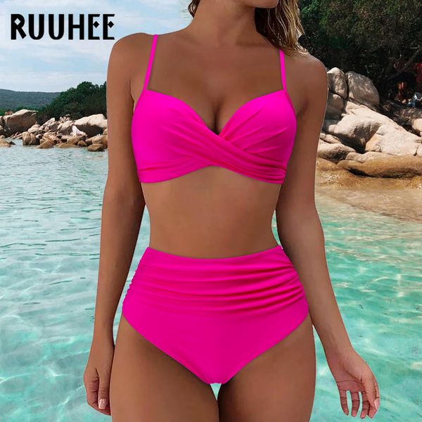 

women's swimwear ruuhee high waist bikini woman solid swimsuit women swimwear bathing suit padded push up ruched swimsuit women bikini, White;black