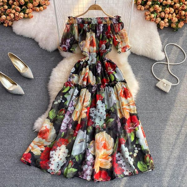 

dresses superaen 2022 summer holiday beach big swing a line printed offtheshoulder slash neck high waist chiffon woman dress, Black;gray