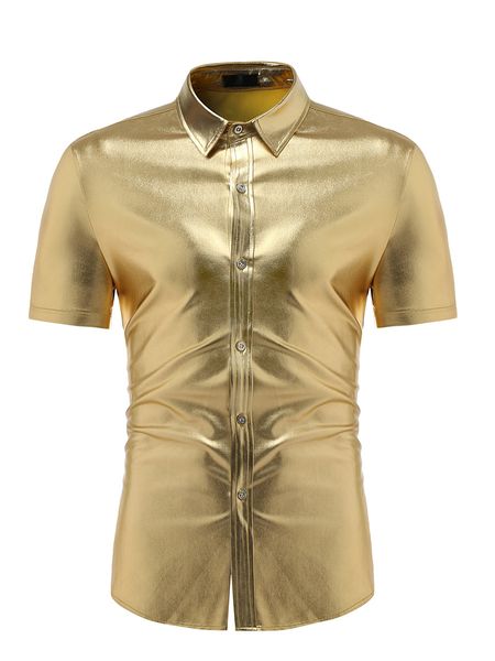 

men's t shirts mens metallic shiny nightclub party dress shirts camisa masculina fashion gold slim fit short sleeve shirt men dj dance, White;black