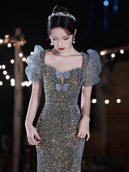 

vintage mermaid sequin celebrity dresses square collar puff sleeves sweet bow colorful evening gown women birthday party clothing, Black;red