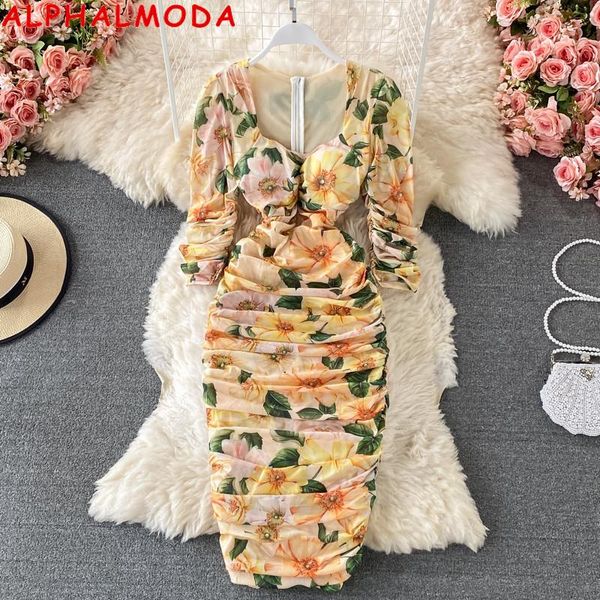 

dresses alphalmoda 2021 summer women floral printed gauze dress square collar pleated slim ladies elegant dress, Black;gray