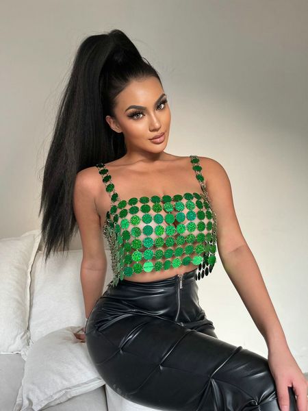 

camisoles tanks 2023 green sequin women hollow out glitter crop backless night club wear cropped tank 230418, Black;white