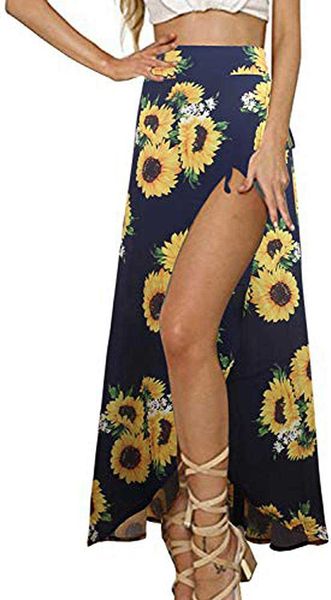

yonala womens boho floral tie up waist summer beach wrap cover up maxi skirt, Black