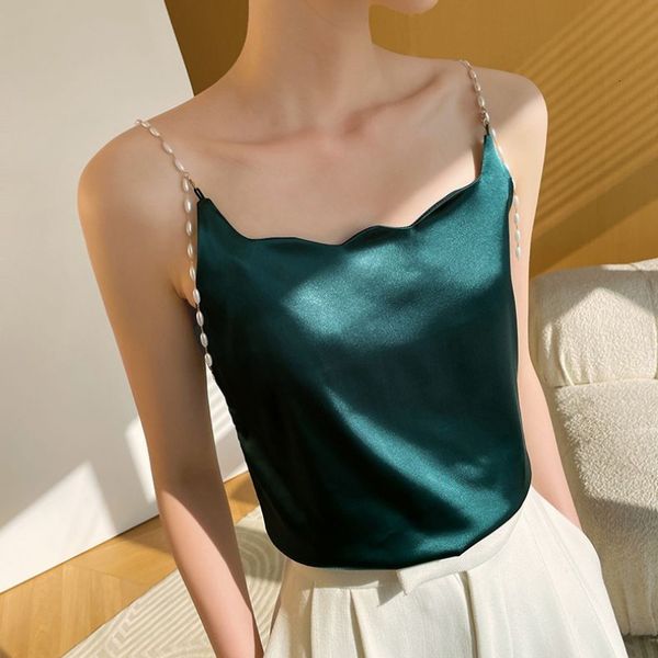 

camisoles tanks camisole silk acetate beading solid halter pearl spaghetti camis backless elegant fashion office lady women's tank 2304, Black;white