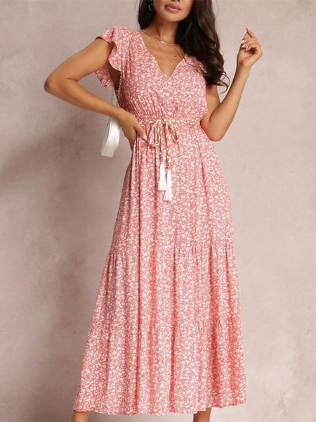 

dresses 2022 chic floral print summer dress with belt women casual vneck flying sleeve high waist midi dress female holiday party dress, Black;gray