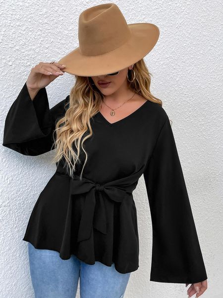

t-shirt women plus size 4xl bow blouses peplum casual blacktshirt for ladies long sleeve v neck autumn cotton tee shirts fashion, Black