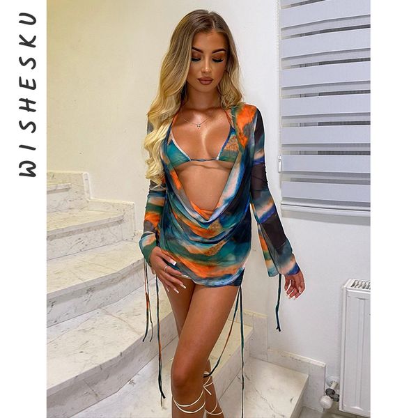 

two piece dress slit cuff plunge neck backless drawstring ruched mini dresslace up bra outfits 2023 summer beach holiday set 230418, White